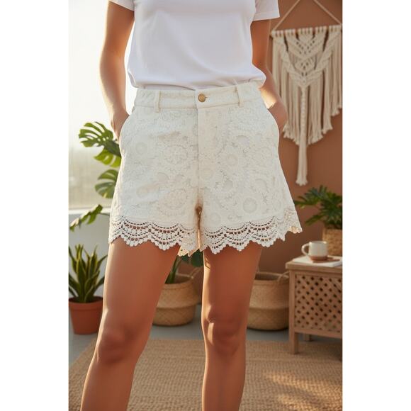 Monteau Pants - Monteau Cream Boho Floral Lace Shorts Large Doily Crochet Festival Coquette